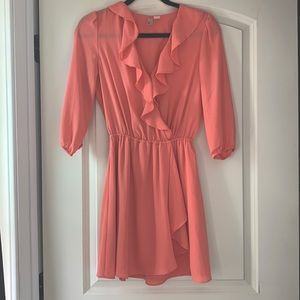 3/4 sleeve ruffle low v-neck dress